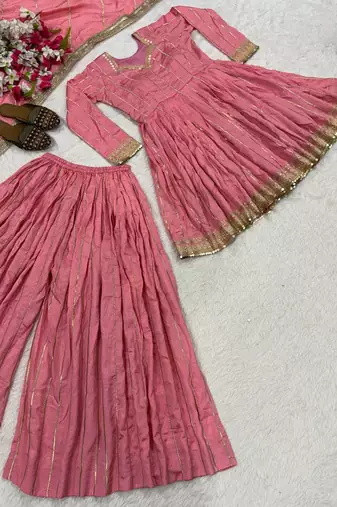 pink heavy silk blend  party wear embroidery anarkali suit set