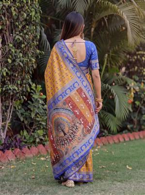 MUSTARD BLUE ART SILK BANARASI JACUARD WORK SAREE WITH UNSTITCHED BLOUSE PIECE 2