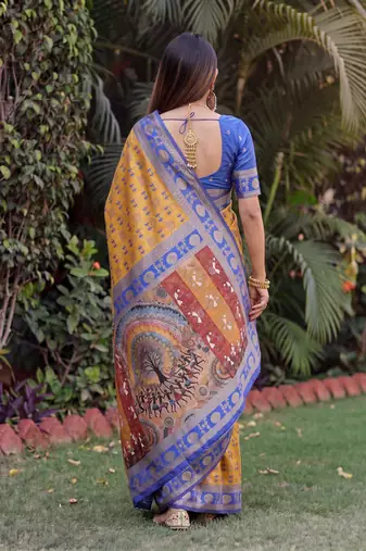 MUSTARD BLUE ART SILK BANARASI JACUARD WORK SAREE WITH UNSTITCHED BLOUSE PIECE