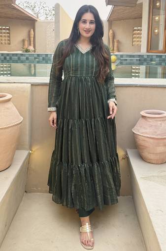 green heavy brocade party wear embroidery anarkali suit set