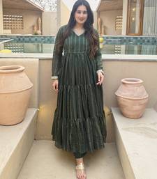 green heavy brocade party wear embroidery anarkali suit set