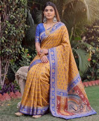 MUSTARD BLUE ART SILK BANARASI JACUARD WORK SAREE WITH UNSTITCHED BLOUSE PIECE 3