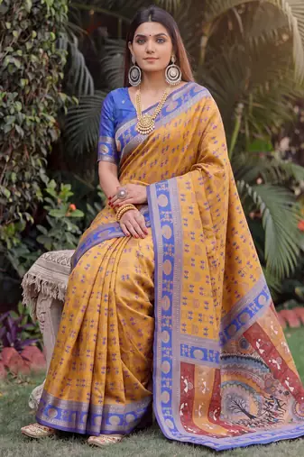 MUSTARD BLUE ART SILK BANARASI JACUARD WORK SAREE WITH UNSTITCHED BLOUSE PIECE
