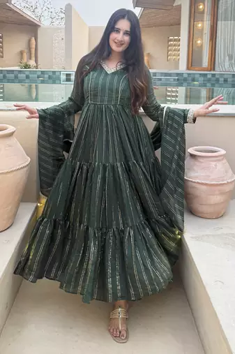 green heavy brocade party wear embroidery anarkali suit set