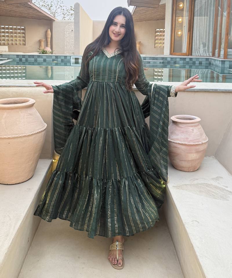 green heavy brocade party wear embroidery anarkali suit set