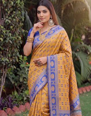 MUSTARD BLUE ART SILK BANARASI JACUARD WORK SAREE WITH UNSTITCHED BLOUSE PIECE 4