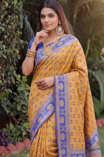 MUSTARD BLUE ART SILK BANARASI JACUARD WORK SAREE WITH UNSTITCHED BLOUSE PIECE