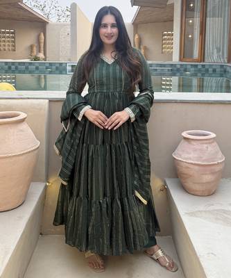 green heavy brocade party wear embroidery anarkali suit set 3