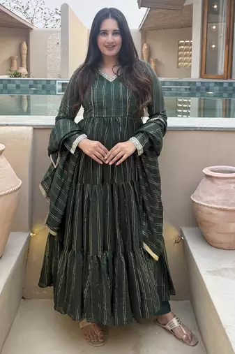 green heavy brocade party wear embroidery anarkali suit set