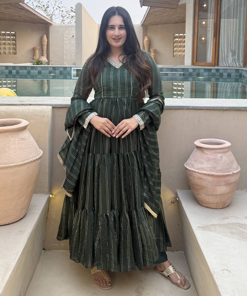 green heavy brocade party wear embroidery anarkali suit set