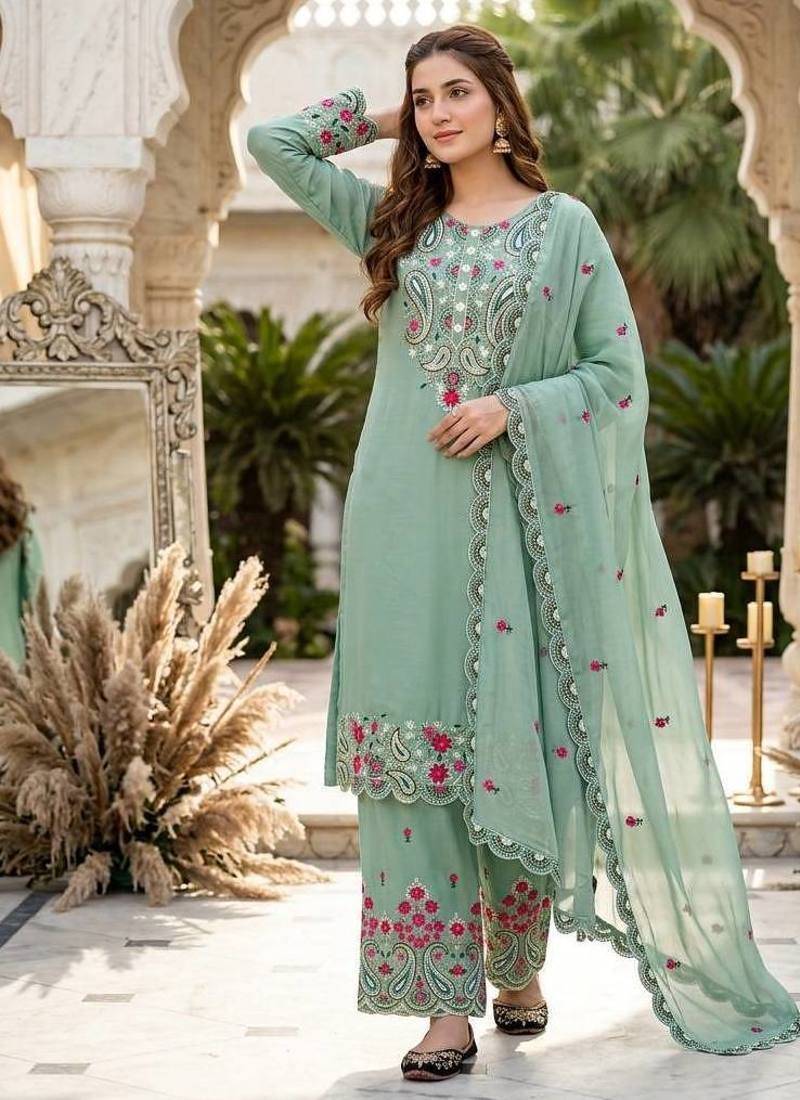 rama heavy silk blend  party wear embroidery suit set