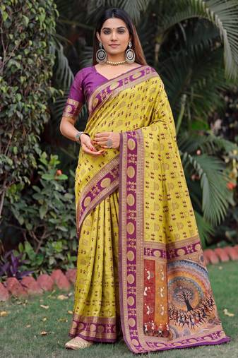 NEON WINE ART SILK BANARASI JACUARD WORK SAREE WITH UNSTITCHED BLOUSE PIECE