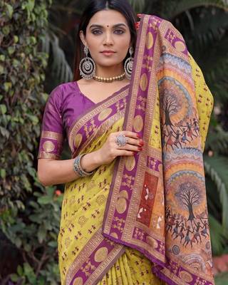 NEON WINE ART SILK BANARASI JACUARD WORK SAREE WITH UNSTITCHED BLOUSE PIECE 3