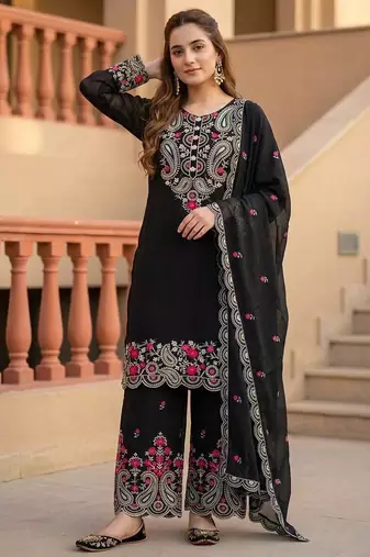 black heavy silk blend  party wear embroidery suit set
