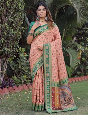PEACH GREEN ART SILK BANARASI JACUARD WORK SAREE WITH UNSTITCHED BLOUSE PIECE 1