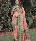 PEACH GREEN ART SILK BANARASI JACUARD WORK SAREE WITH UNSTITCHED BLOUSE PIECE