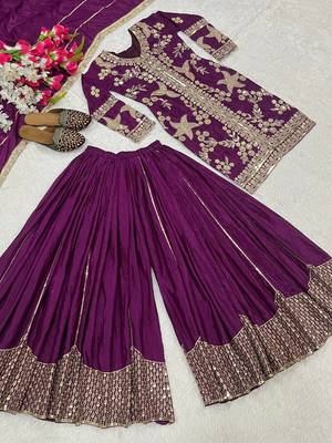 purple heavy silk blend  party wear embroidery sharara suit set 4