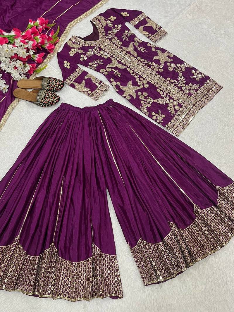 purple heavy silk blend  party wear embroidery sharara suit set