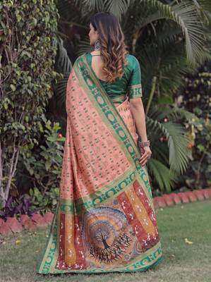 PEACH GREEN ART SILK BANARASI JACUARD WORK SAREE WITH UNSTITCHED BLOUSE PIECE 2