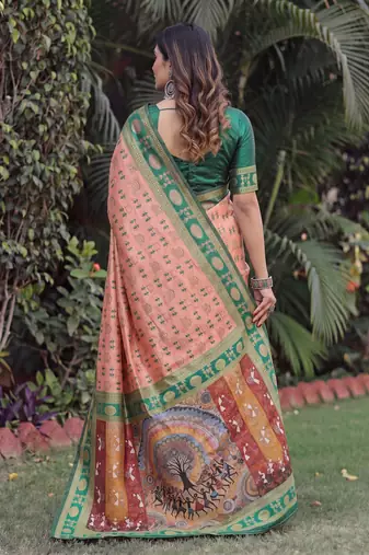 PEACH GREEN ART SILK BANARASI JACUARD WORK SAREE WITH UNSTITCHED BLOUSE PIECE