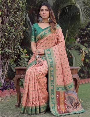 PEACH GREEN ART SILK BANARASI JACUARD WORK SAREE WITH UNSTITCHED BLOUSE PIECE 3