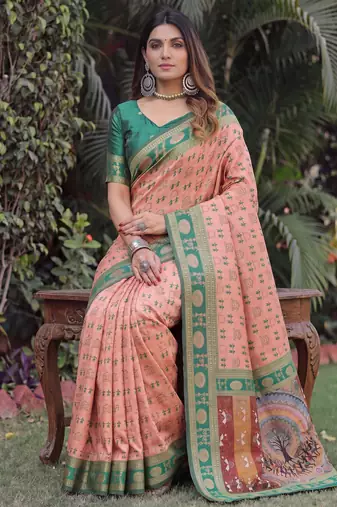 PEACH GREEN ART SILK BANARASI JACUARD WORK SAREE WITH UNSTITCHED BLOUSE PIECE