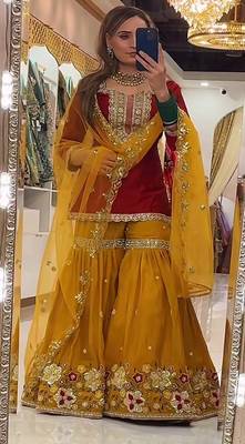 red faux georgette party wear embroidery sharara suit set 1