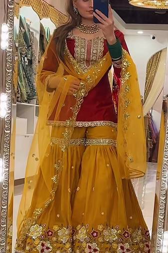 red faux georgette party wear embroidery sharara suit set