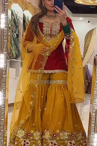 red faux georgette party wear embroidery sharara suit set