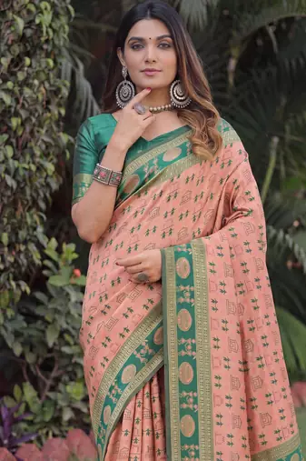 PEACH GREEN ART SILK BANARASI JACUARD WORK SAREE WITH UNSTITCHED BLOUSE PIECE