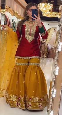 red faux georgette party wear embroidery sharara suit set 2