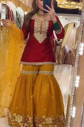 red faux georgette party wear embroidery sharara suit set