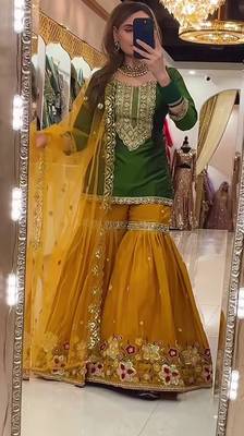 green faux georgette party wear embroidery sharara suit set 1