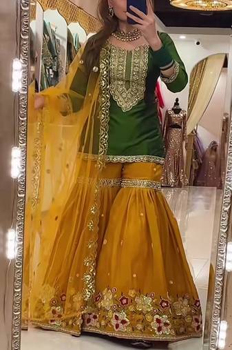 green faux georgette party wear embroidery sharara suit set