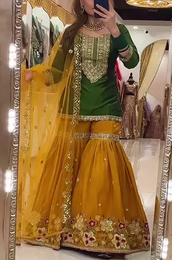 green faux georgette party wear embroidery sharara suit set