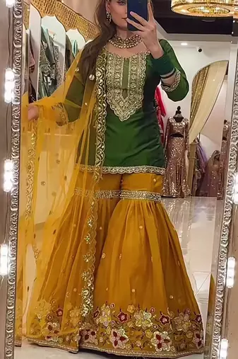 green faux georgette party wear embroidery sharara suit set