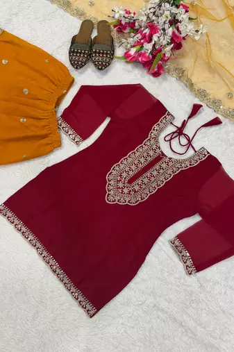 red faux georgette party wear embroidery sharara suit set