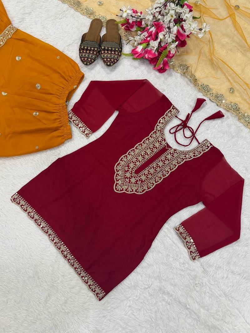 red faux georgette party wear embroidery sharara suit set