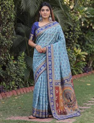 TURQUOISE ART SILK BANARASI JACUARD WORK SAREE WITH UNSTITCHED BLOUSE PIECE 1