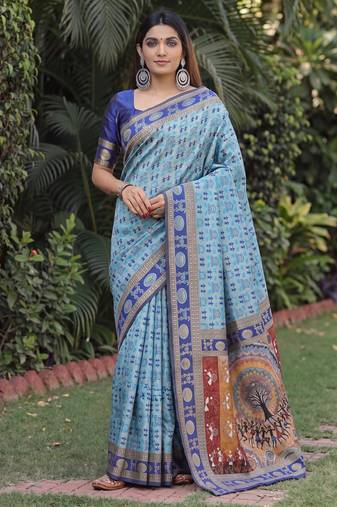 TURQUOISE ART SILK BANARASI JACUARD WORK SAREE WITH UNSTITCHED BLOUSE PIECE