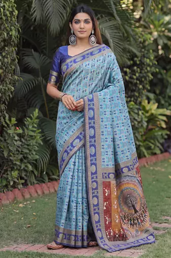 TURQUOISE ART SILK BANARASI JACUARD WORK SAREE WITH UNSTITCHED BLOUSE PIECE