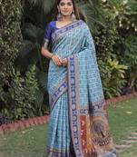 TURQUOISE ART SILK BANARASI JACUARD WORK SAREE WITH UNSTITCHED BLOUSE PIECE