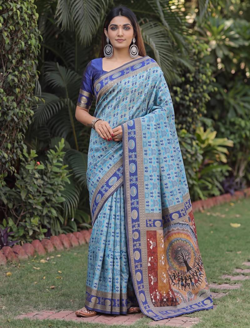 TURQUOISE ART SILK BANARASI JACUARD WORK SAREE WITH UNSTITCHED BLOUSE PIECE