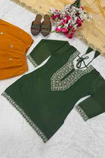 green faux georgette party wear embroidery sharara suit set
