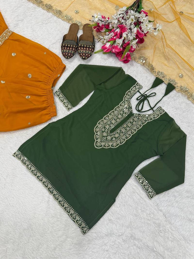 green faux georgette party wear embroidery sharara suit set