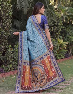 TURQUOISE ART SILK BANARASI JACUARD WORK SAREE WITH UNSTITCHED BLOUSE PIECE 2