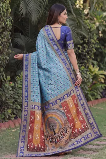 TURQUOISE ART SILK BANARASI JACUARD WORK SAREE WITH UNSTITCHED BLOUSE PIECE