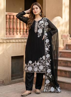 black faux georgette party wear embroidery suit set 1