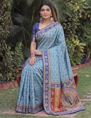 TURQUOISE ART SILK BANARASI JACUARD WORK SAREE WITH UNSTITCHED BLOUSE PIECE 3