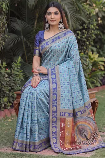 TURQUOISE ART SILK BANARASI JACUARD WORK SAREE WITH UNSTITCHED BLOUSE PIECE
